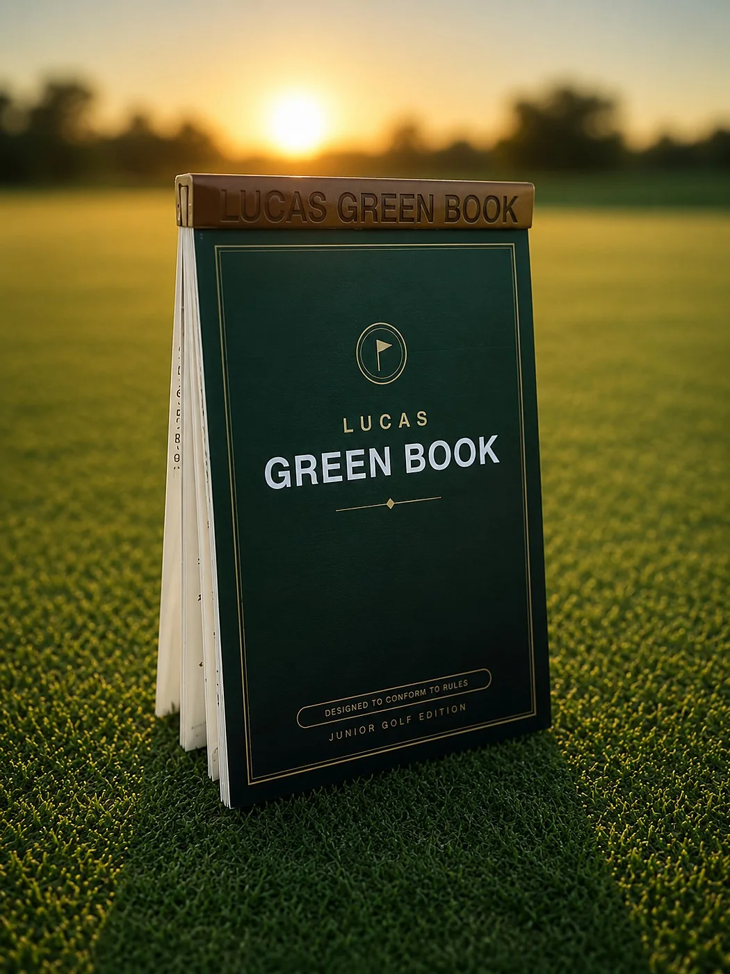 A Lucas Green Book standing on the green at sunset.